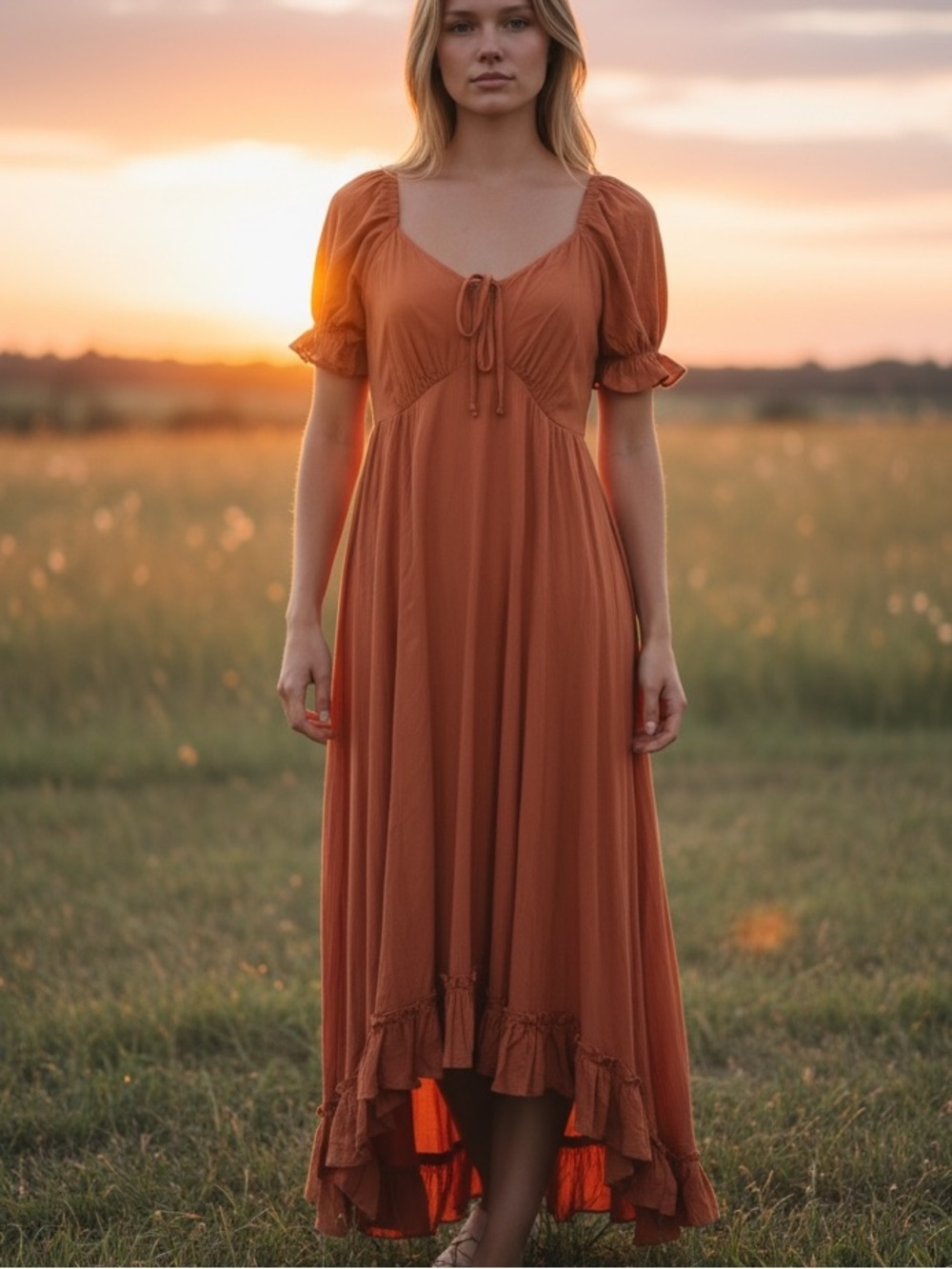 Rusty orange color Tie-Front Puff Sleeve hi-low Maxi Dress